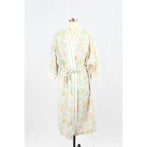 Vintage IMAGE Green Floral Print Cotton Voile Terry Trim Robe, One Size